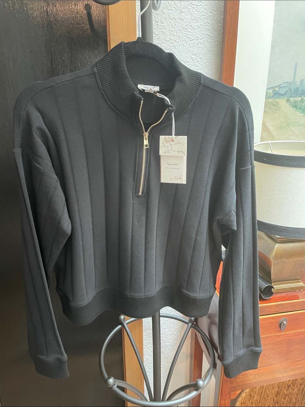 Splendid Black Ribbed Half-Zip Pullover with Gold Zipper